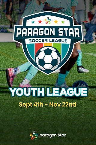 Promotional graphic for Paragon Star Soccer League Youth League running from Sept 4th to Nov 22nd, set over an image of youth soccer players on a turf field.