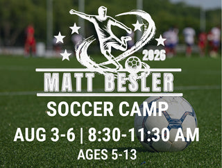 Matt Besler Soccer Camp logo, showing dates Aug 3-6 with soccer field in the background.
