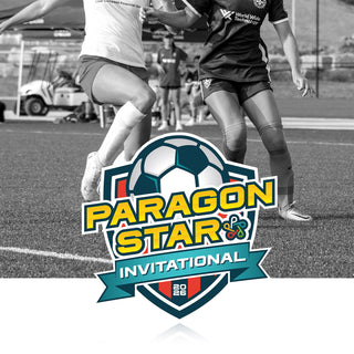 Soccer image of kids playing with Paragon Star Invitational logo