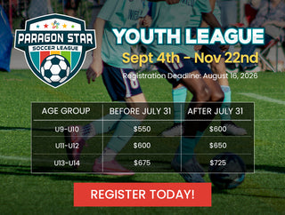 Paragon Star Soccer League logo promoting Youth League Sept 4th - Nov 22nd. Image in background shows kids playing soccer. 