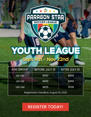 Paragon Star Soccer League logo promoting Youth League Sept 4th - Nov 22nd. Image in background shows kids playing soccer. 