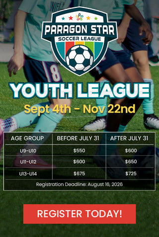 Paragon Star Soccer League logo promoting Youth League Sept 4th - Nov 22nd. Image in background shows kids playing soccer. 