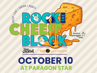 An promotional web banner titled "Rock the Cheese Block," presented by Paragon Star in partnership with Team Cocktail and Link 2 Lee's Summit.